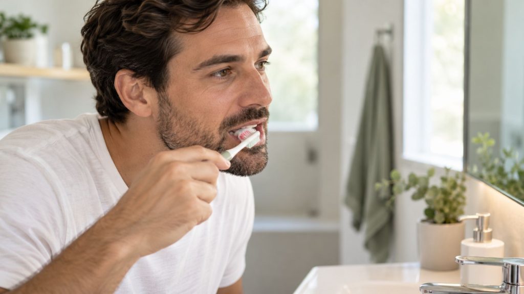 Man gently brushing his teeth as part of daily care for bleeding gums.
