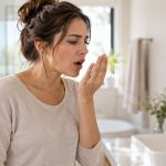 Woman checking her breath in a bright bathroom, illustrating concerns about bad breath.